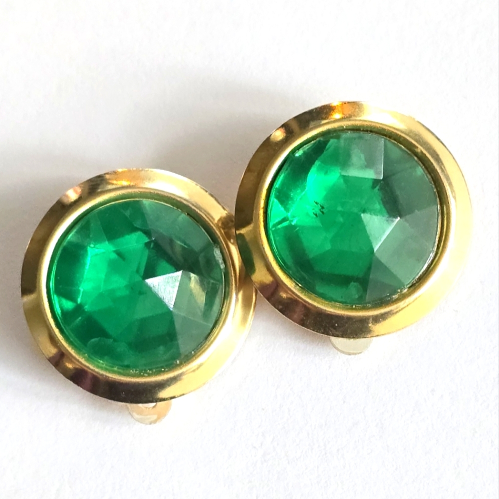 Vintage earrings green gold tone round circle chunky retro 80s bold